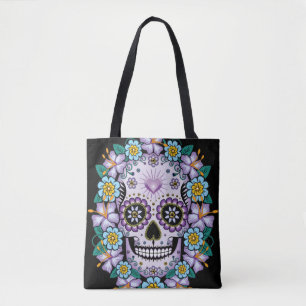 Bolso De Tela Calavera de azúcar morado con flores