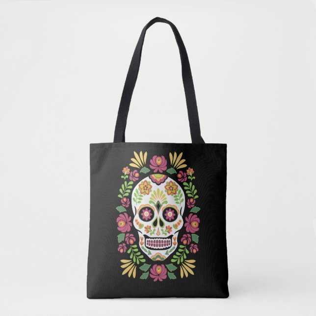 Bolso De Tela Calavera de azúcar popular mexicana y Rosas (Anverso)