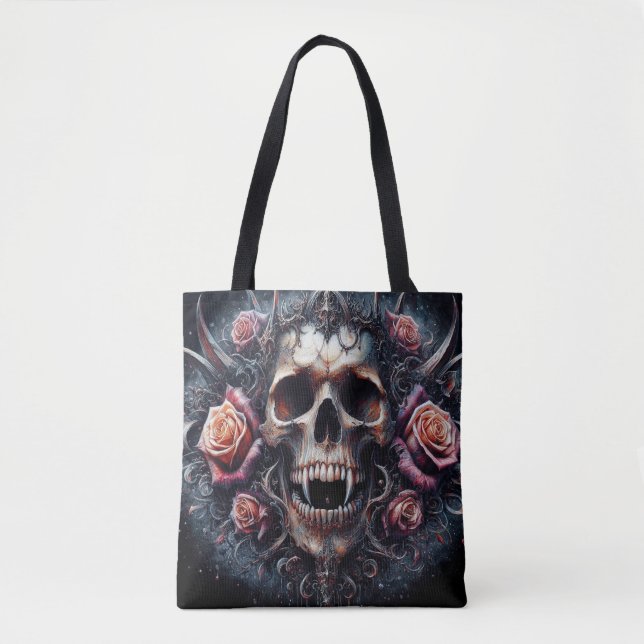 Bolso De Tela Calavera gótica adorada con Rosas (Anverso)
