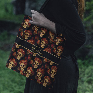 Bolso De Tela Calavera gótica Rosa Roja Monograma negro Hallowee