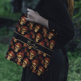Bolso De Tela Calavera gótica Rosa Roja Monograma negro Hallowee