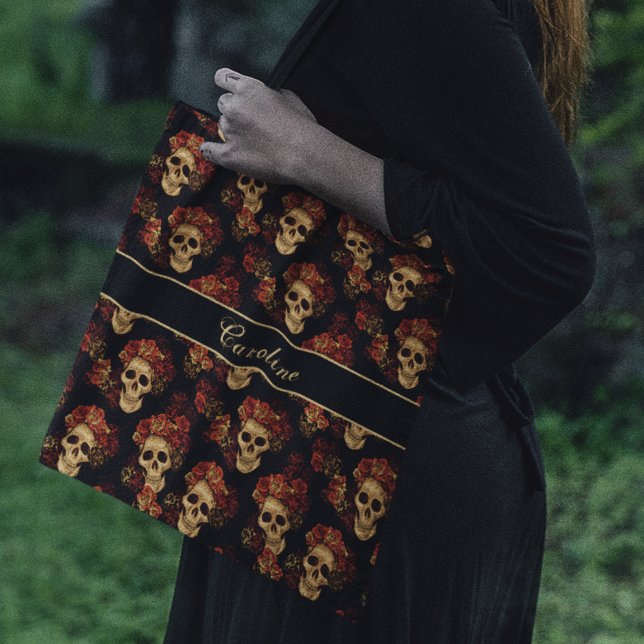 Bolso De Tela Calavera gótica Rosa Roja Monograma negro Hallowee (Subido por el creador)