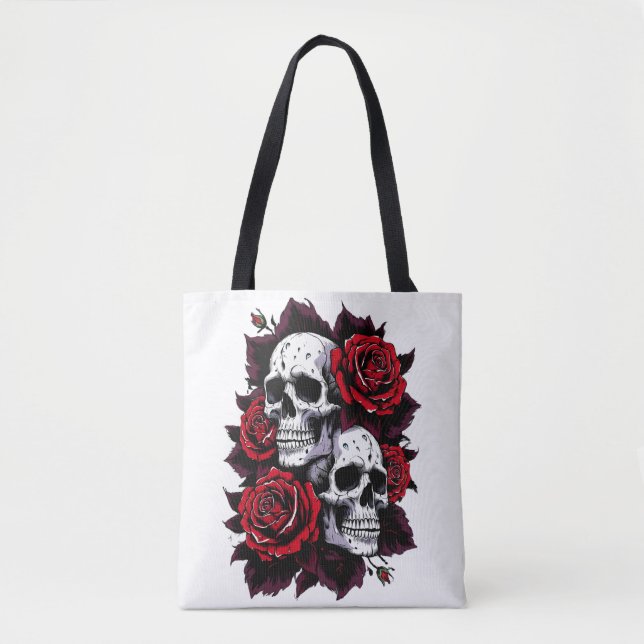 Bolso De Tela Calavera gótica y motivo Rosa (Anverso)