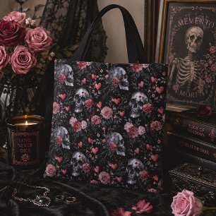 Bolso De Tela Calavera Gótica y Rosas Floral Oscuro