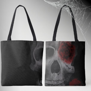Bolso De Tela Calavera gótica y rosas rojas silenciadas