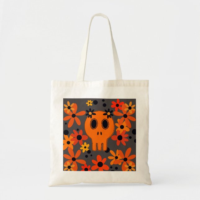 Bolso De Tela Calavera naranja vibrante y flores (Frente)