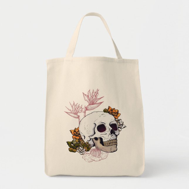 Bolso De Tela Calavera oscura y flores (Frente)