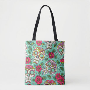 Bolso De Tela Calavera y flores mexicanas, sin costura.