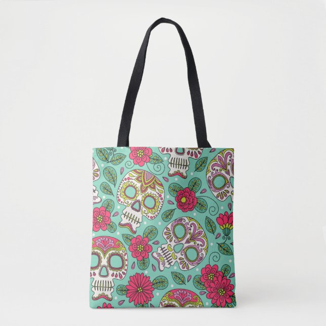 Bolso De Tela Calavera y flores mexicanas, sin costura. (Anverso)