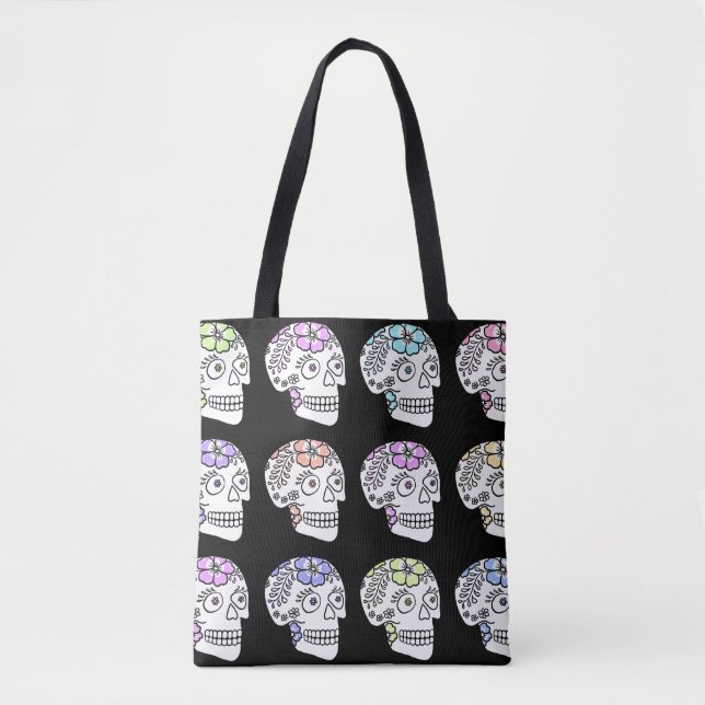 Bolso De Tela Calaveras de azúcar con flores (Anverso)