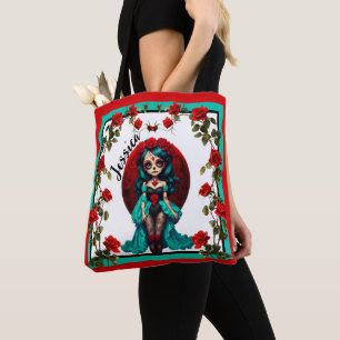 Bolso De Tela Calaveras de Azúcar con Rosas Verdes Acuáticas y R