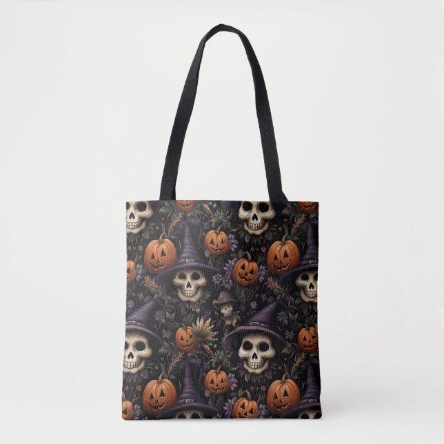 Bolso De Tela Calaveras de calabazas floridas Halloween (Anverso)