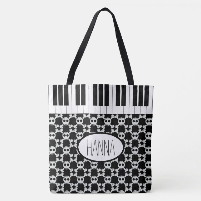 Bolso De Tela Calaveras entre huesos y llaves de piano (Anverso)