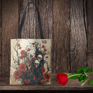 Bolso De Tela Calaveras góticas, vides negras y rosas rojas Mono