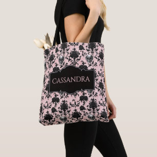 Bolso De Tela Calaveras y Rosas Gothicas Rosa y Negro Personaliz
