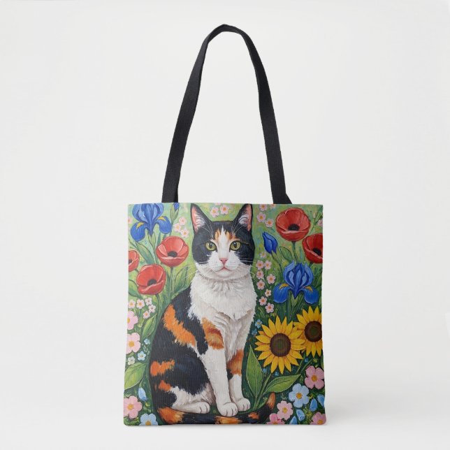 Bolso De Tela Calico Cat and Folk Art Sunflowers (Anverso)