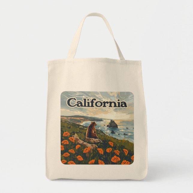 Bolso De Tela California Bear Poppies Flowers Coast Retro (Frente)