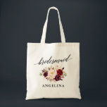 Bolso De Tela Caligrafía Borgoña Floral Nombre de la dama de hon<br><div class="desc">Moderna caligrafía elegante,  acuarela Borgoña Marsala Marsala Floral Bridesmaid nombre Tote Bag</div>