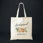 Bolso De Tela Caligrafía Coral White Floral Bridesmaid Nombre<br><div class="desc">Caligrafía moderna elegante,  acuarela Coral Blanco Floral Bridesmaid Nombre Tote Bag</div>