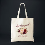 Bolso De Tela Caligrafía Floral Borgoña nombre de la dama de hon<br><div class="desc">Moderna caligrafía elegante,  acuarela Borgoña Floral Bridesmaid nombre Tote Bag</div>