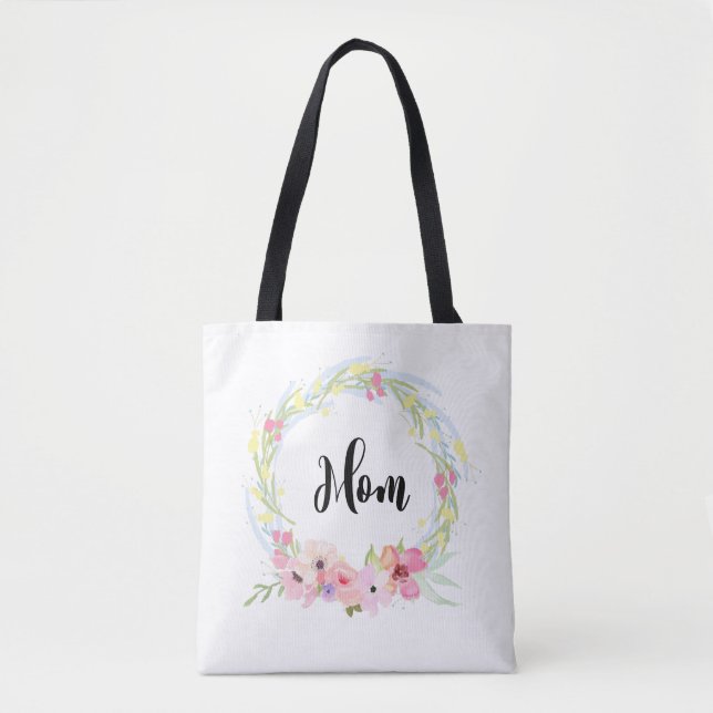 Bolso De Tela Caligrafía Mamá y Wreath Floral de acuarela (Anverso)