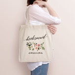 Bolso De Tela Caligrafía Nombre de la dama de honor Floral blanc<br><div class="desc">Caligrafía elegante moderna,  acuarela de color rosa Floral blanca marrón nombre Tote Bag</div>