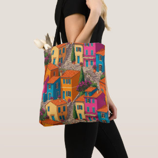 Bolso De Tela Calles Mediterráneas — Patrón de Casas Coloridas