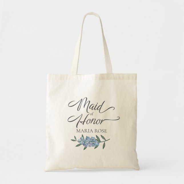 Bolso De Tela Calligrafía botánica de la Bridesmaid Floral Azul (Frente)