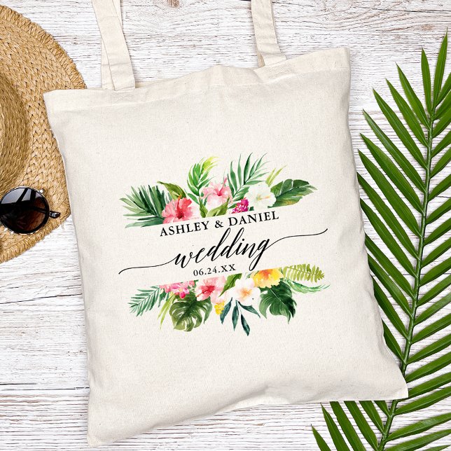 Bolso De Tela Calligrafía de acuarela Boda floral tropical (Customize to change your personalized text size, color or style.)