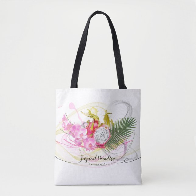 Bolso De Tela Calligrafía tropical de dragón y orquídea rosa (Anverso)