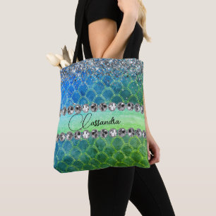 Bolso De Tela Camarada verde azul Purpurinoso de la sirena verde