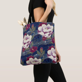 Bolso De Tela Camelias sobre Azul Oscuro