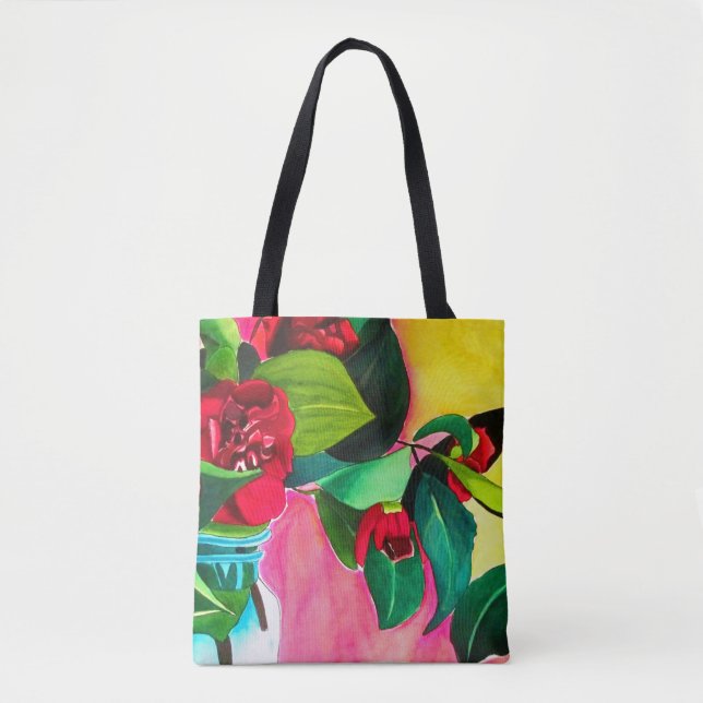 Bolso De Tela Camellias rojas con verde (Anverso)