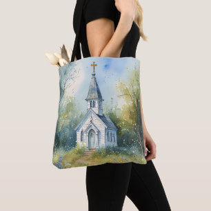 Bolso De Tela Camino rústico de la iglesia en prado de flores si