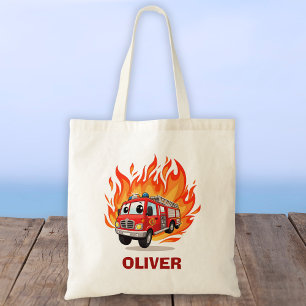 Bolso De Tela Camión de bomberos juguetón con llamas personaliza