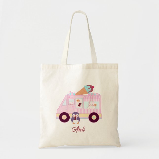Bolso De Tela Camión De Helado De Conejo Azul Y Rosa Cute Conejo (Frente)