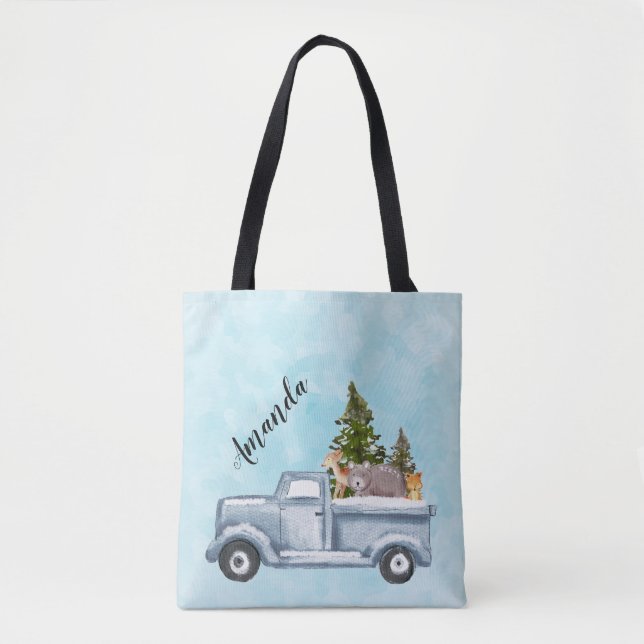 Bolso De Tela Camión navidad con pinos y animales forestales (Anverso)