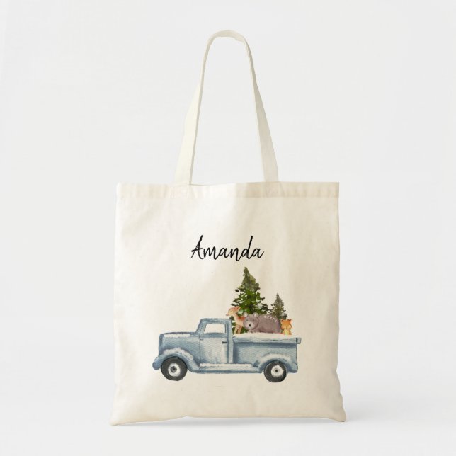 Bolso De Tela Camión navidad con pinos y animales forestales (Frente)