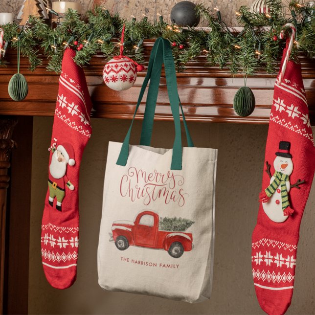 Bolso De Tela Camión rojo de época| Monograma de Navidades famil (Subido por el creador)