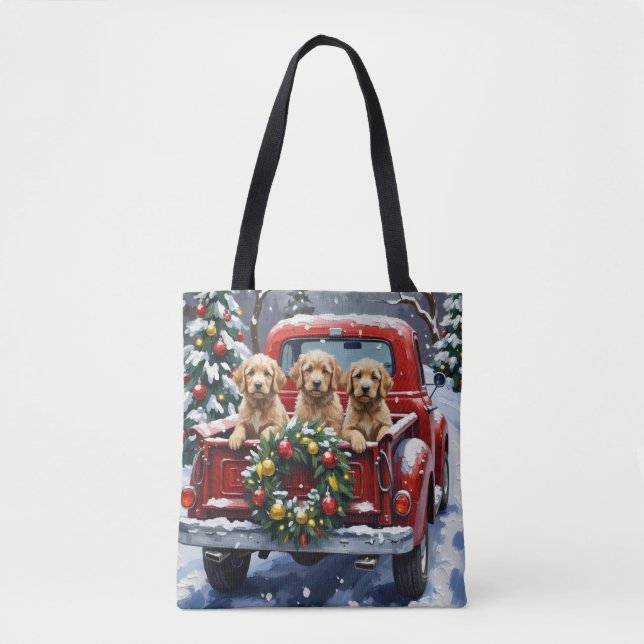 Bolso De Tela Camioneta Roja de Navidad Cockapoo Fiesta (Anverso)