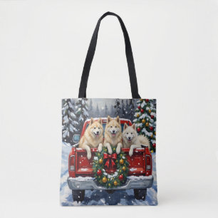 Bolso De Tela Camioneta Roja de Navidad Samoyed Fiesta