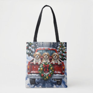 Bolso De Tela Camioneta Roja de Navidad Shih Tzu Fiesta