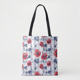 Bolso De Tela Camionetas rojas con hojas azules en azul bajo con