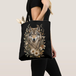 Bolso De Tela Camiseta Floral de Lobo Majestuoso de la Naturalez