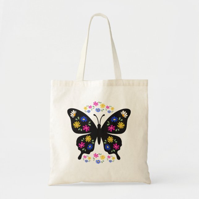 Bolso De Tela Camiseta mariposa con flores multicolor (Frente)