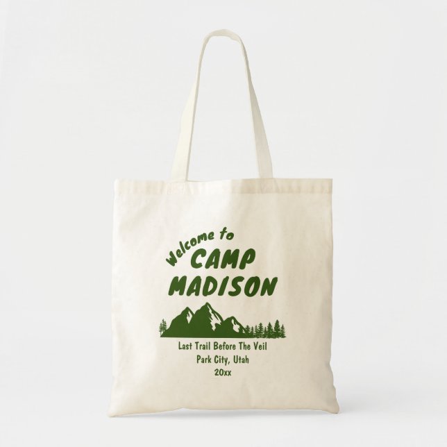 Bolso De Tela Campamento Bachelorette Party Mountain Bach Campin (Frente)