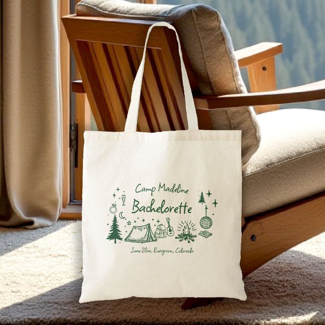 Bolso De Tela Campamento Despedida de Soltera Camping Escritura  (camp bachelorette tote bag bridesmaid gift camping hand drawn written girls trip bach)