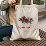 Bolso De Tela Campaña de peones rojos para bodas de invierno<br><div class="desc">Boda floral rústico elegante elegante maquina de novias / criada de honor / chica floral bolsa de tote con una acuarela de color rojo burdeos y peonías blancas ramas de invierno con ramas de pino verde, bayas rojas y follaje y blanco el texto de su personalizado. Rellene su información en...</div>