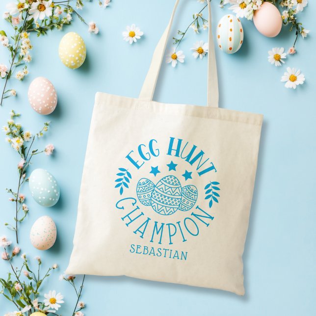 Bolso De Tela Campeón de caza personalizada de huevos de Pascua  (Personalized Easter Egg Hunt Champion Boy Blue Tote Bag)