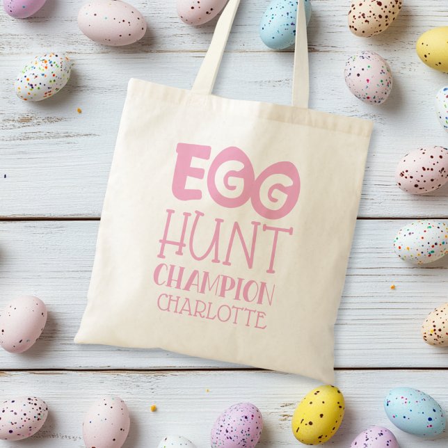 Bolso De Tela Campeón de la caza personalizada de huevos de pasc (Personalized Pink Easter Egg Hunt Champion Tote Bag)